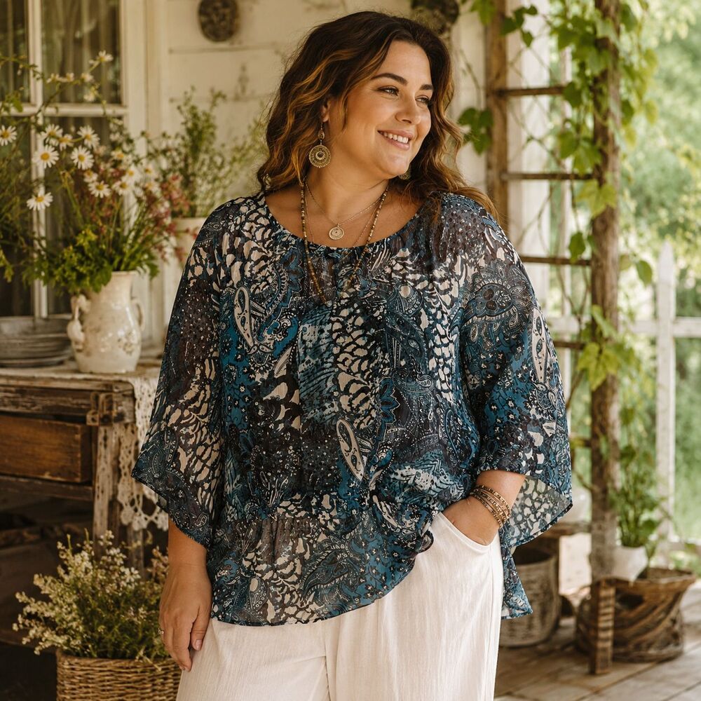 Lane Bryant Sheer Top Womens 18/20 Paisley Boho Floral Tunic Plus Size Lagenlook